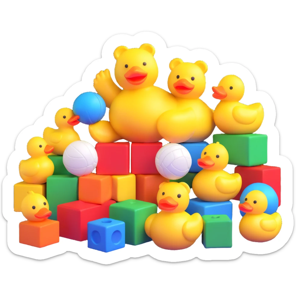 Colorful toys scattered together - teddy bear, rubber duck, toy blocks, ball, and action figures sticker