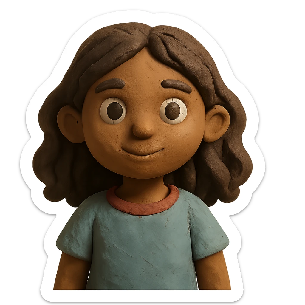 brown girl with wavy hair and brown eyes in claymation style sticker