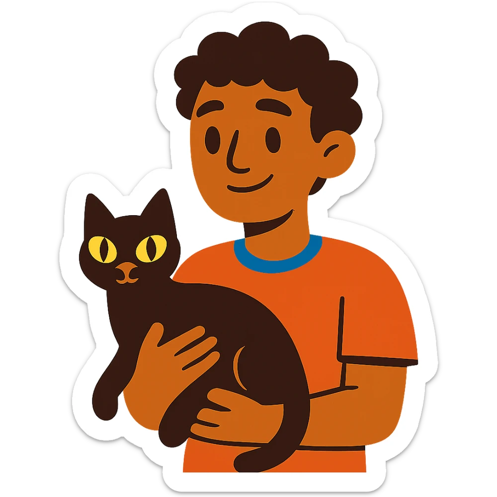 young male with brown light skin, slightly curly hair, holding a black cat sticker