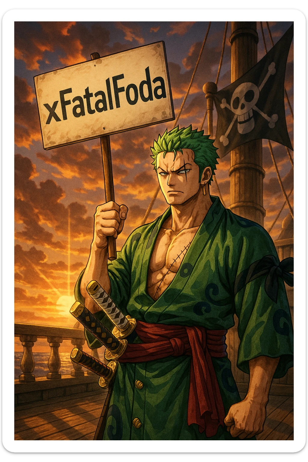 Zoro from One Piece holding a protest sign with ‘xFatalFoda’, on a pirate ship deck at sunset, dramatic anime lighting, Wano arc style, highly detailed sticker