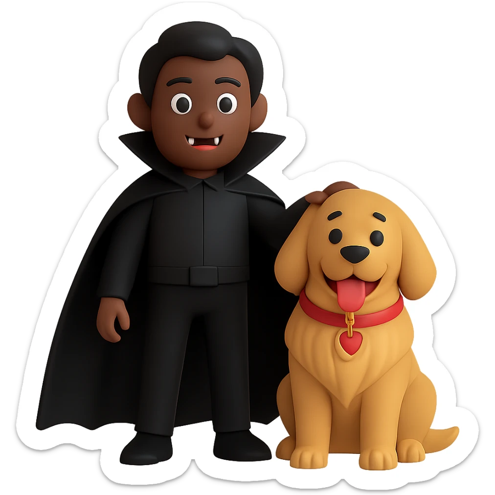 Change the vampire to have brown skin and dress all in black, keep the vampire on the left and the happy golden retriever on the right, preserve the 3D emoji style, keep the background transparent. The style to emulate is 3D emoji style with transparent background. sticker