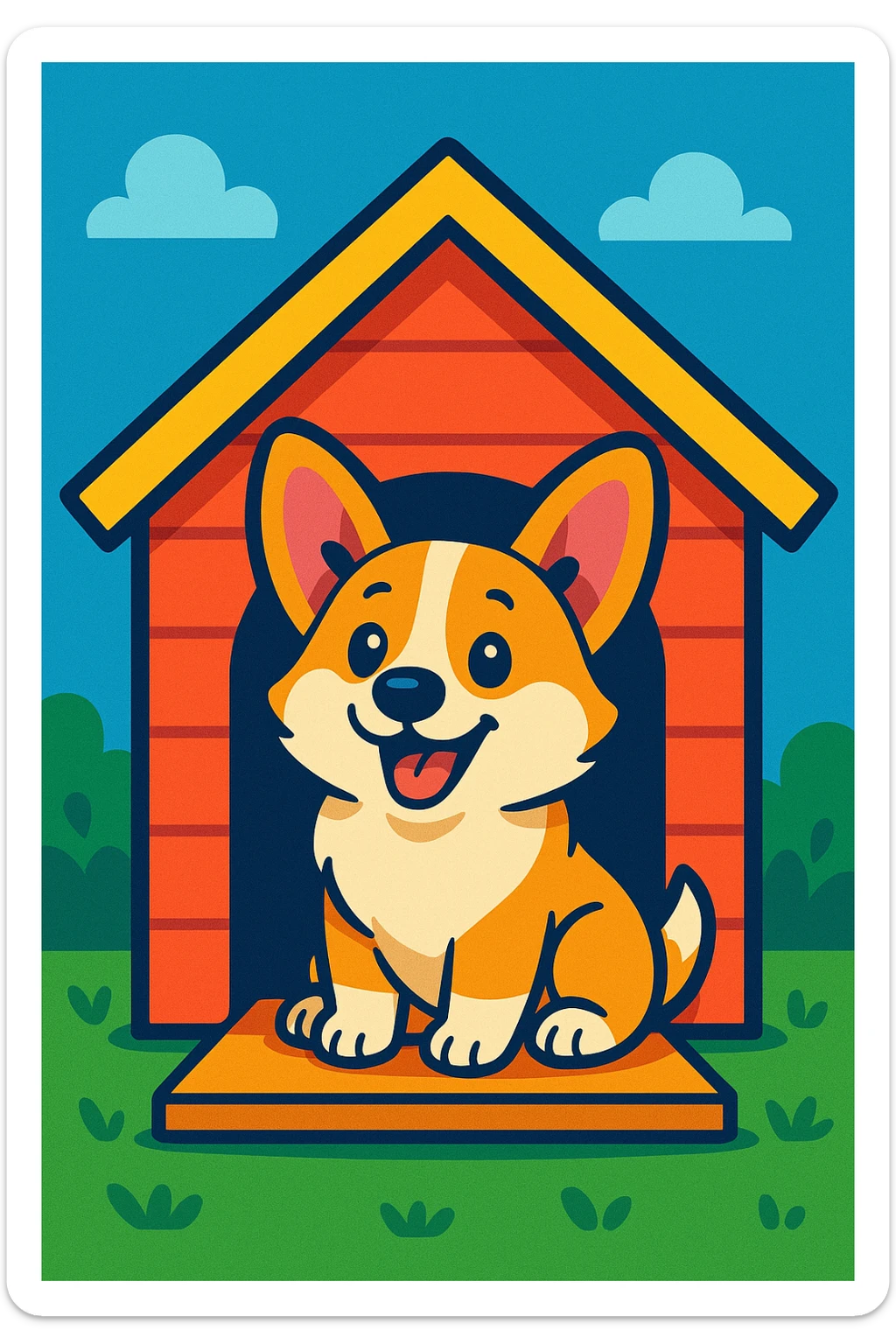 a cute, playful corgi sitting inside a dog house, vibrant toon style, cartoonish, colorful sticker