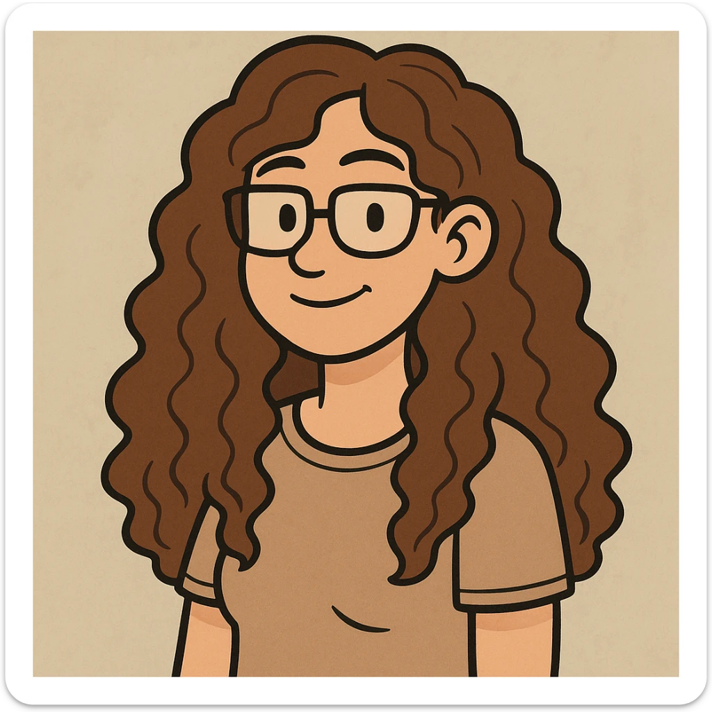 woman with long curly brown hair and eyeglasses, cartoon style sticker