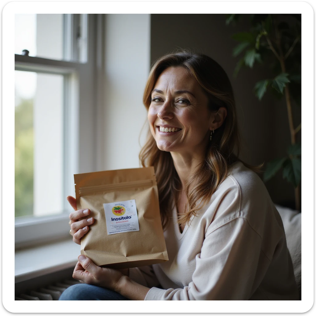 woman sitting near a window holding a package with the word 'Inositolo' clearly readable, natural appearance, slight smile, home environment, lifestyle photography, natural light sticker