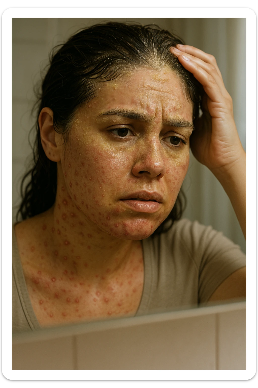 A highly realistic, cinematic close-up portrait of a young woman in her late 20s with medium skin tone, displaying visible folliculitis and seborrheic dermatitis. Small, red, inflamed follicular papules and pustules are scattered along her hairline, jawline, and upper neck, indicating folliculitis. Her scalp and areas around the nose and eyebrows show flaky, greasy yellowish scales, with redness and irritation, indicating seborrheic dermatitis. Her hair appears slightly greasy and clumps near the scalp, emphasizing excess sebum production. She gently touches her irritated scalp with concern while looking at herself in a softly lit bathroom mirror, expressing discomfort and frustration. The environment is neutral and clean, with daylight softly illuminating the scene to highlight the skin and scalp texture. The style is 35mm hyperrealistic, with warm neutral tones and shallow depth of field to maintain focus on her skin, inflammation, and emotional expression, visually explaining the physical discomfort and aesthetic concerns of living with folliculitis and seborrheic dermatitis sticker
