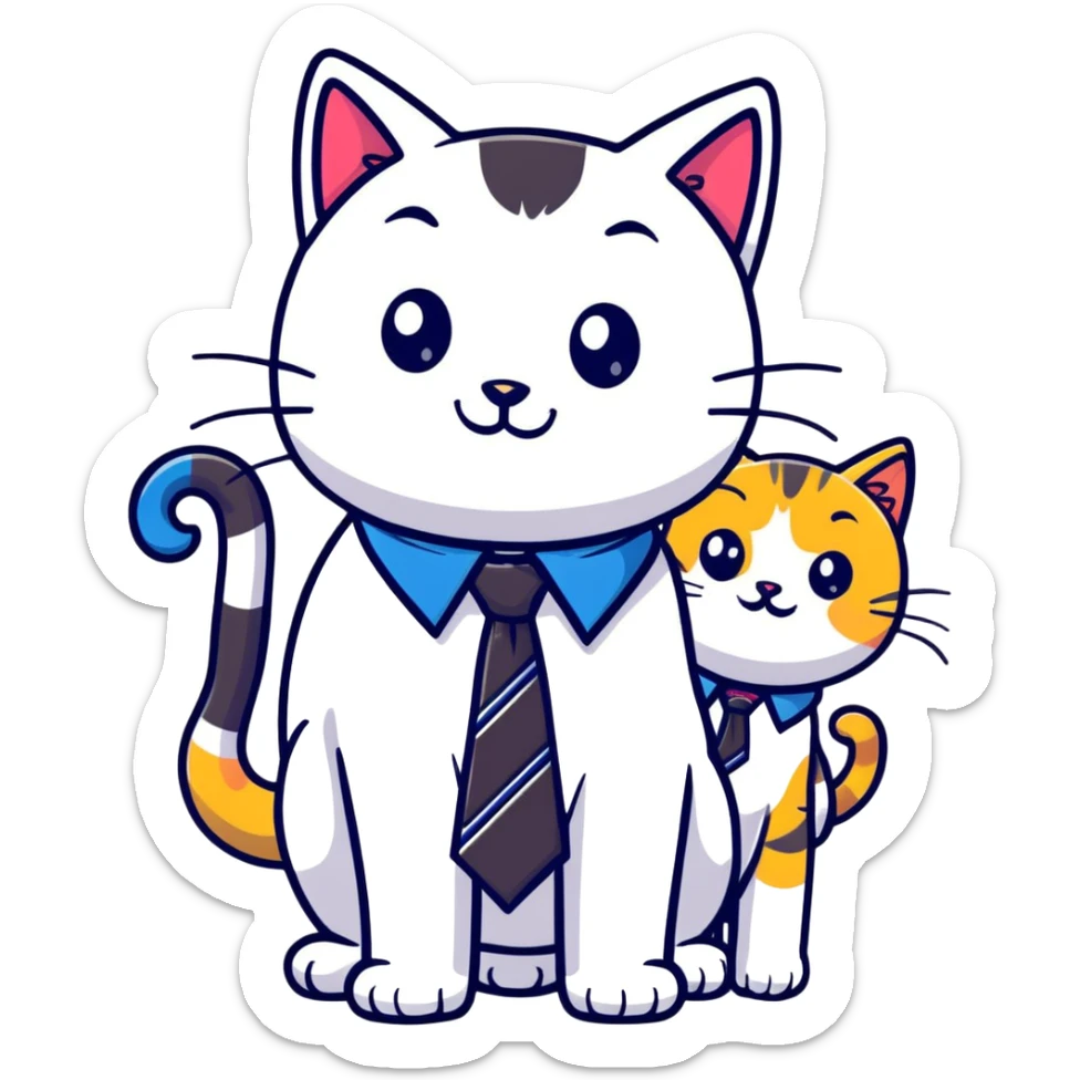 happy girl cat with eyelashes wearing a cute necktie, and happy boy cat wearing a professional necktie, standing together sticker