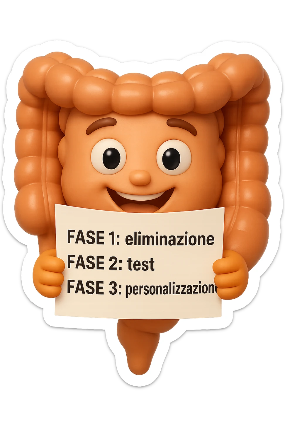 emoji stile iphone 3d di un intestino che tiene in mano un foglio con la scritta "FASE 1: eliminazione, FASE 2: test, FASE 3: personalizzazione, IPERREALISTICO 4K sticker