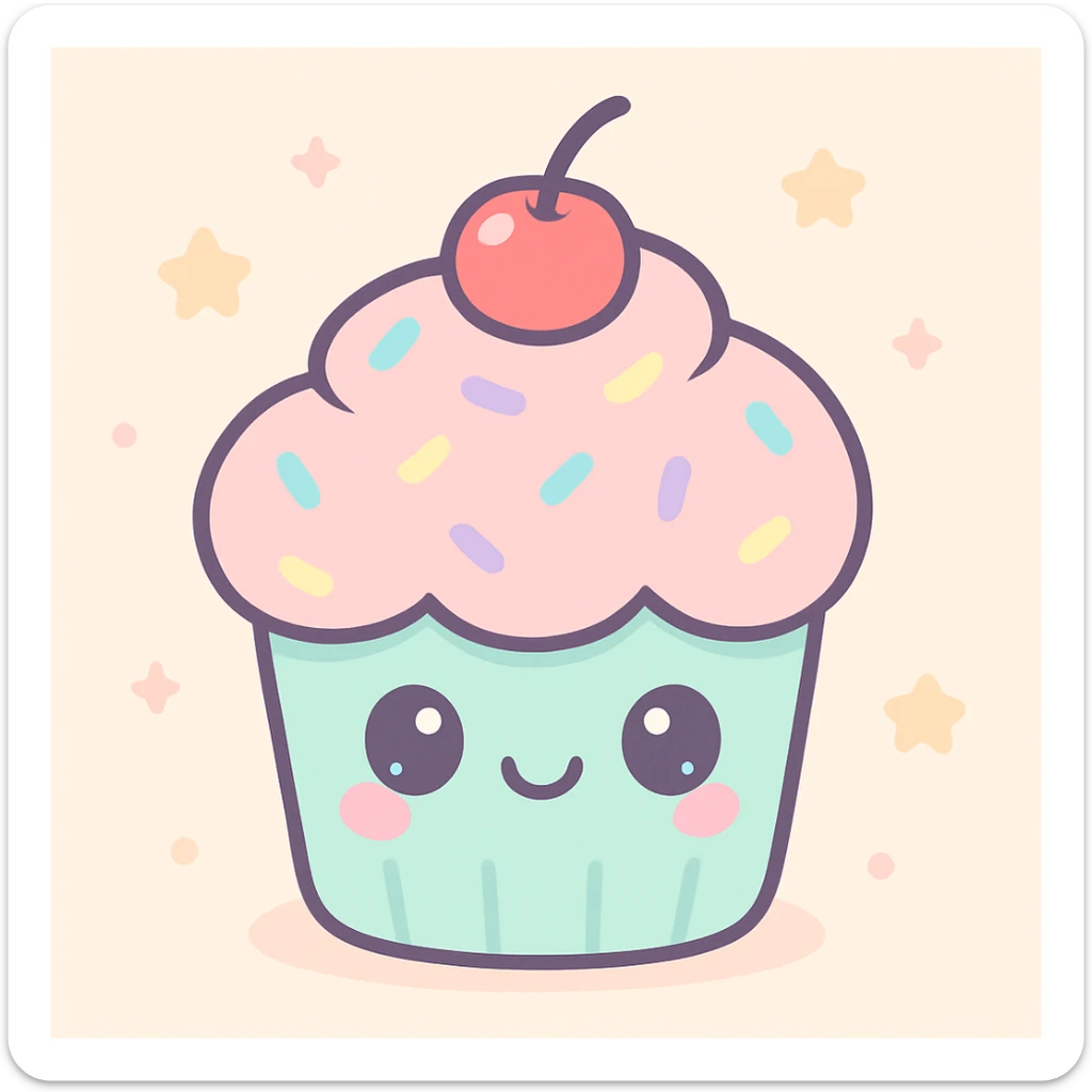 pastel cupcake with rainbow sprinkles and a cherry on top, kawaii cartoon style sticker