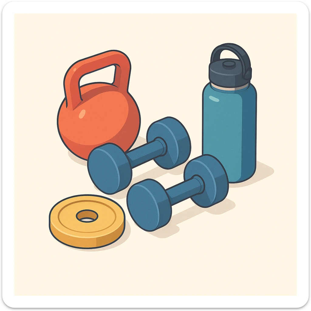 isometric 3d illustration of fitness equipment: weights and a hydroflask, soft shadows, no text sticker