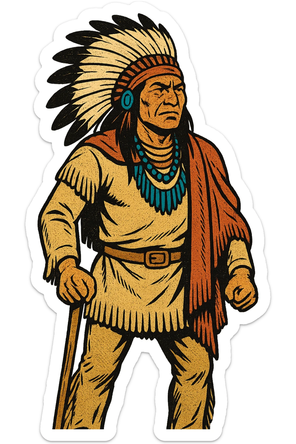 The full body of an 1860s native American chief from the American West who is looking determined sticker