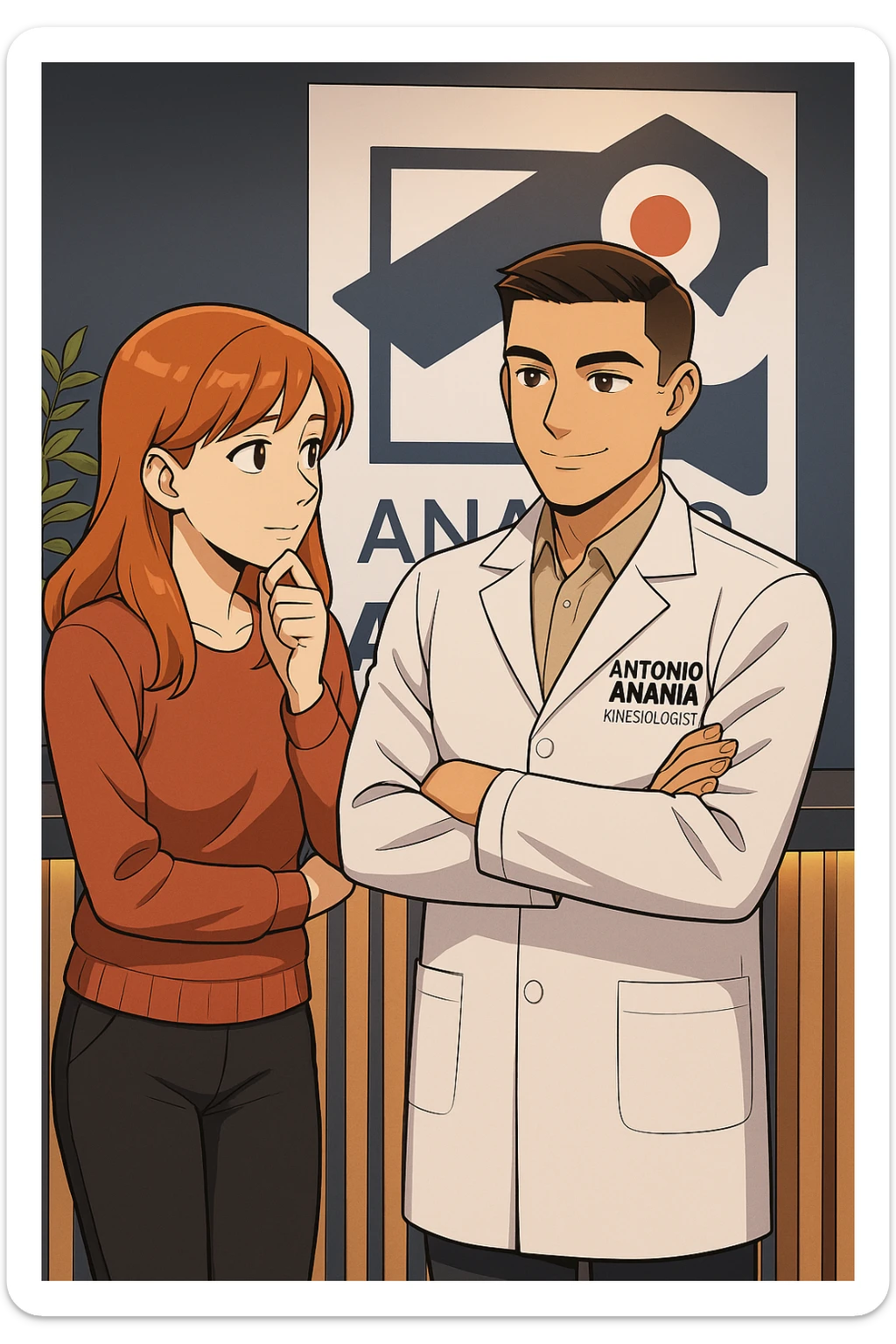 su questo stile fai un manga/webtoon a colori in cui una donna SI TOCCA IL MENTO CON L'INDICE MENTRE ASCOLTA PENSIEROSA L'UOMO, l'uomo della foto in stile manga LE SPIEGA CHE DEVE PROVARE LA SUA VALUTAZIONE MEDICA, mantieni un ambiente simile alla foto che ho allegato con il suo logo (sarebbe il suo studio, lui è un kinesiologo), scrivigli "ANTONIO ANANIA" sul camice bianco, non mettere fumetti, ma fai in modo che sembri che la donna ASCOLTI l'uomo sticker