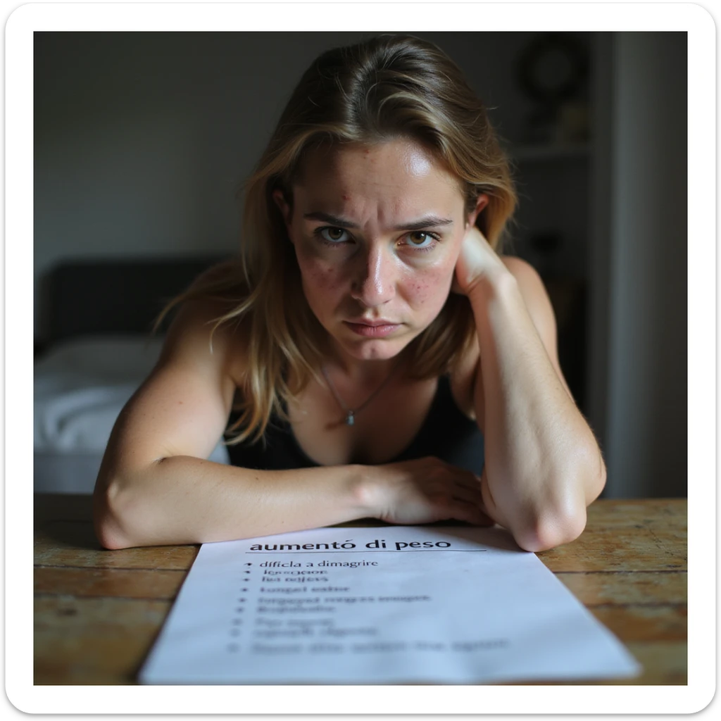 hyperrealistic 4K detailed image of a woman with PCOS, face with acne and chin hair, thin hair, list of symptoms on table with highlighted text 'aumento di peso' and 'difficoltà a dimagrire', discouraged expression, domestic environment sticker