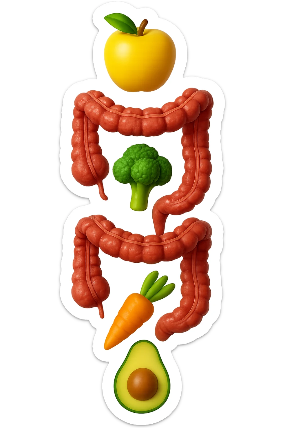 emoji stile iphone in 3d di cibo sano che fluttua in aria vericalmente insieme a pezzi di colon umano anatomico, iperrealistico 4k sticker