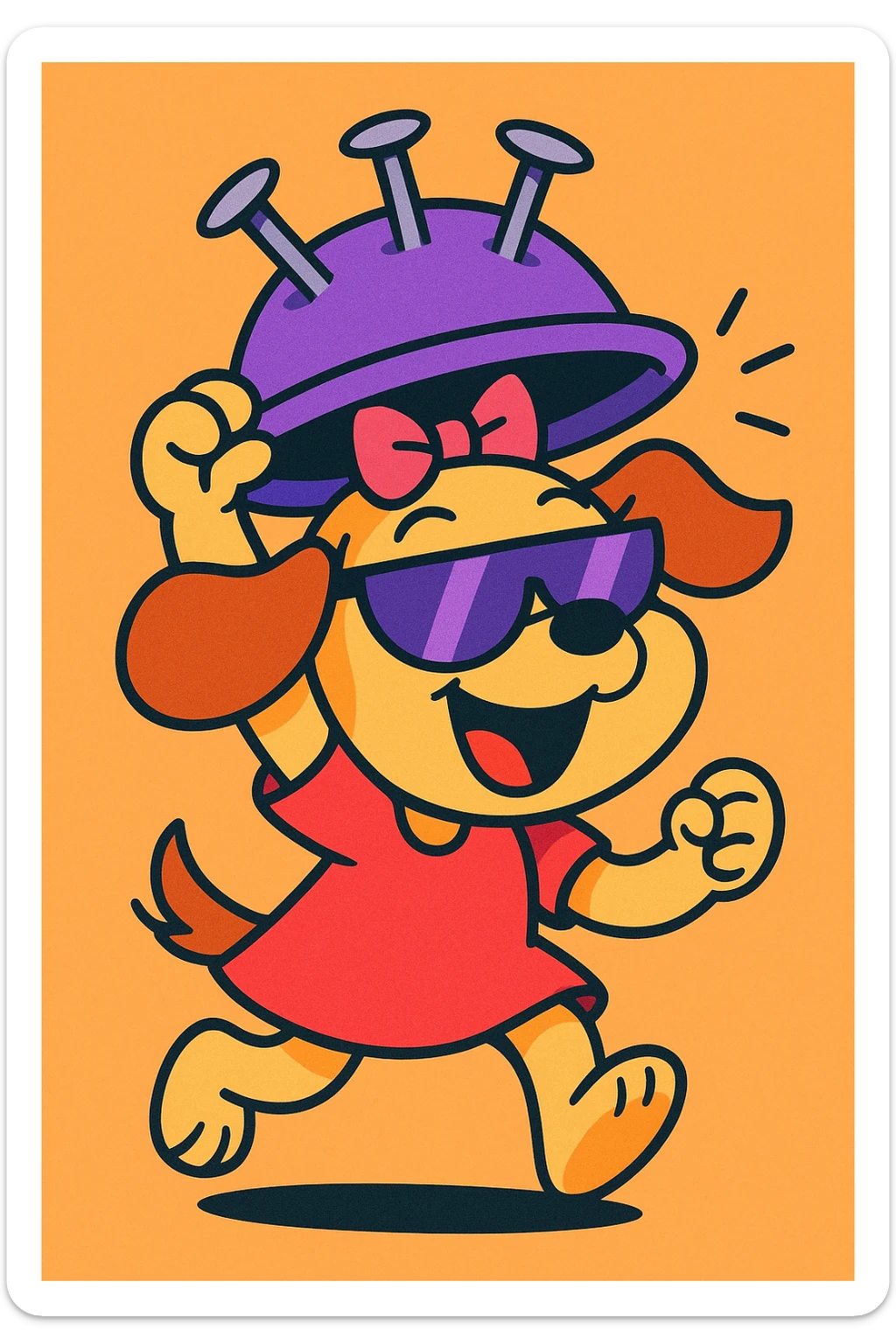 cartoon puppy girl lifting a nail hat, wearing half purple sunglasses, cheerful and energetic, fun and expressive style sticker