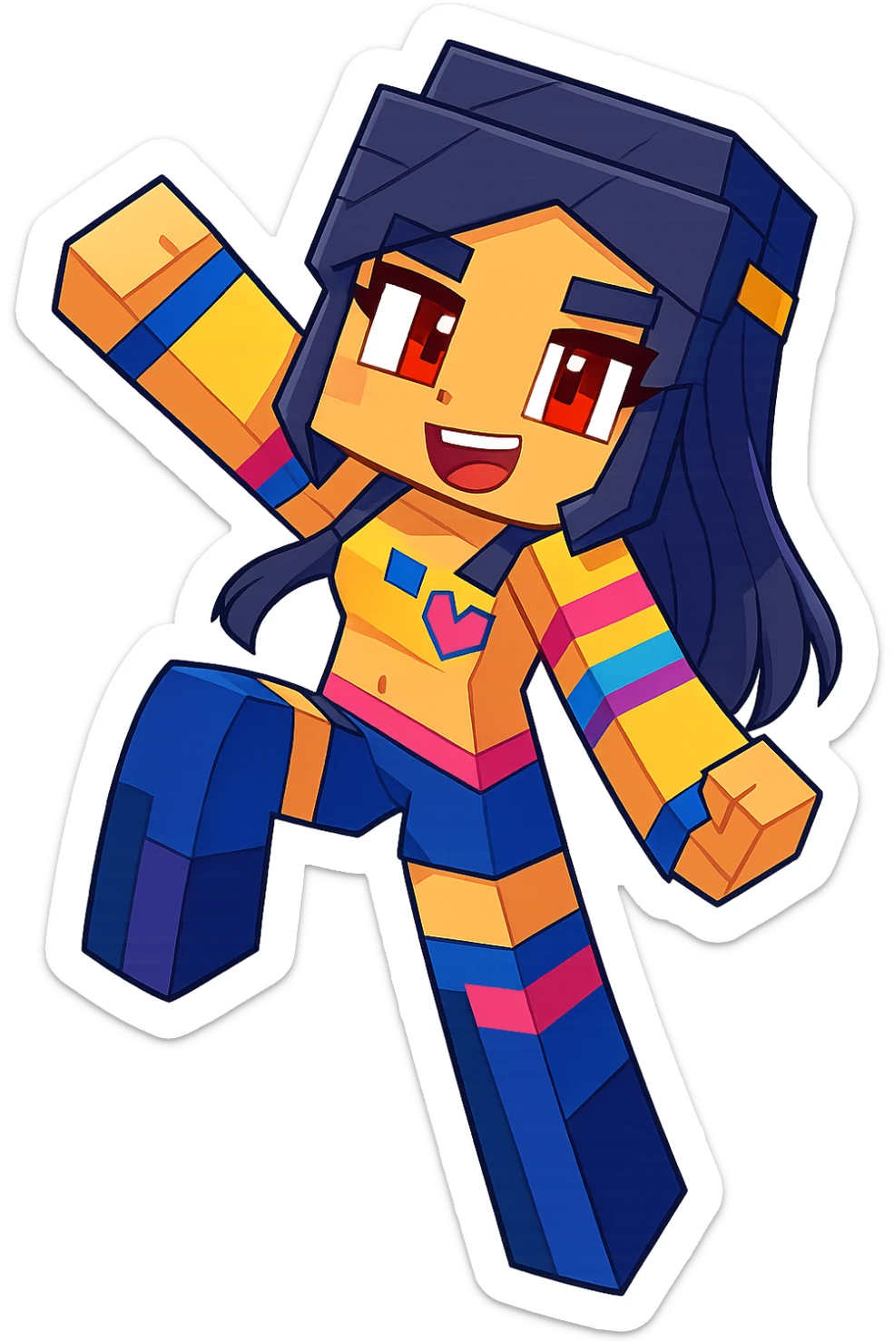 Extract the middle character with dark hair and yellow and blue outfit from the image, fully visible and separate, preserving the original Minecraft cartoon style and appearance, with a transparent background. sticker