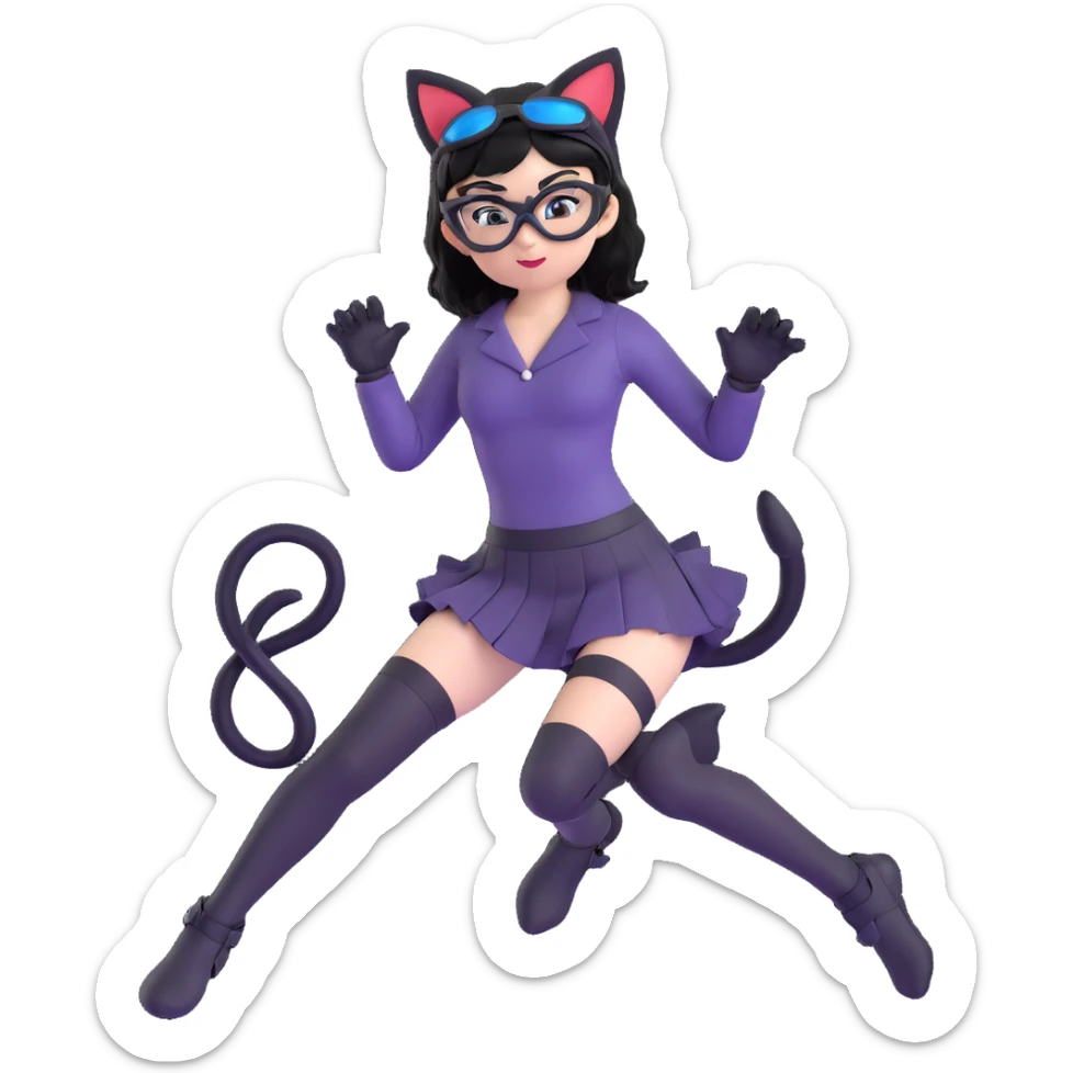 a woman in black clothing and goggles, 1girl, thighhighs, solo, animal ears, cat ears, skirt, black hair, goggles, black skirt, black thighhighs, different pose sticker