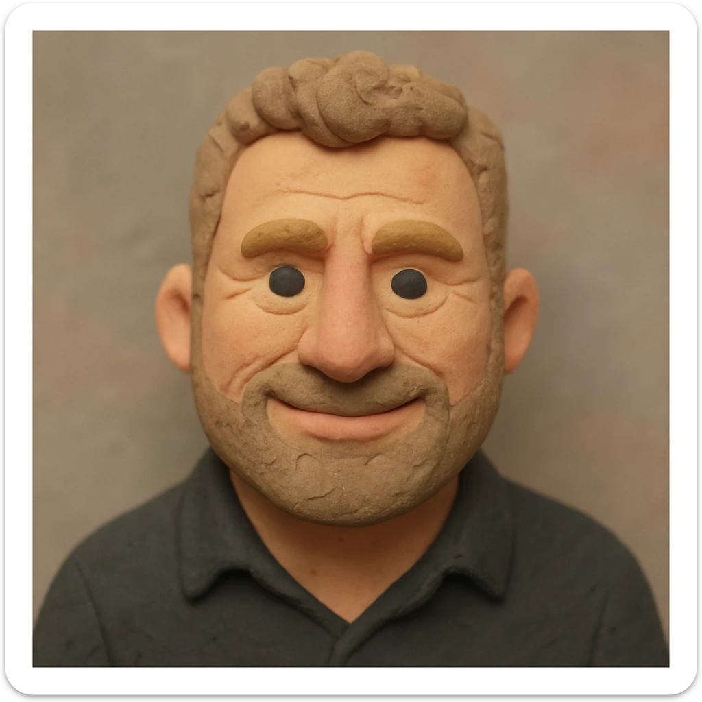 Create a claymation-style portrait emoji of the person in the reference image, with a friendly expression, pastel colors, and visible clay texture, showing head and shoulders only. sticker