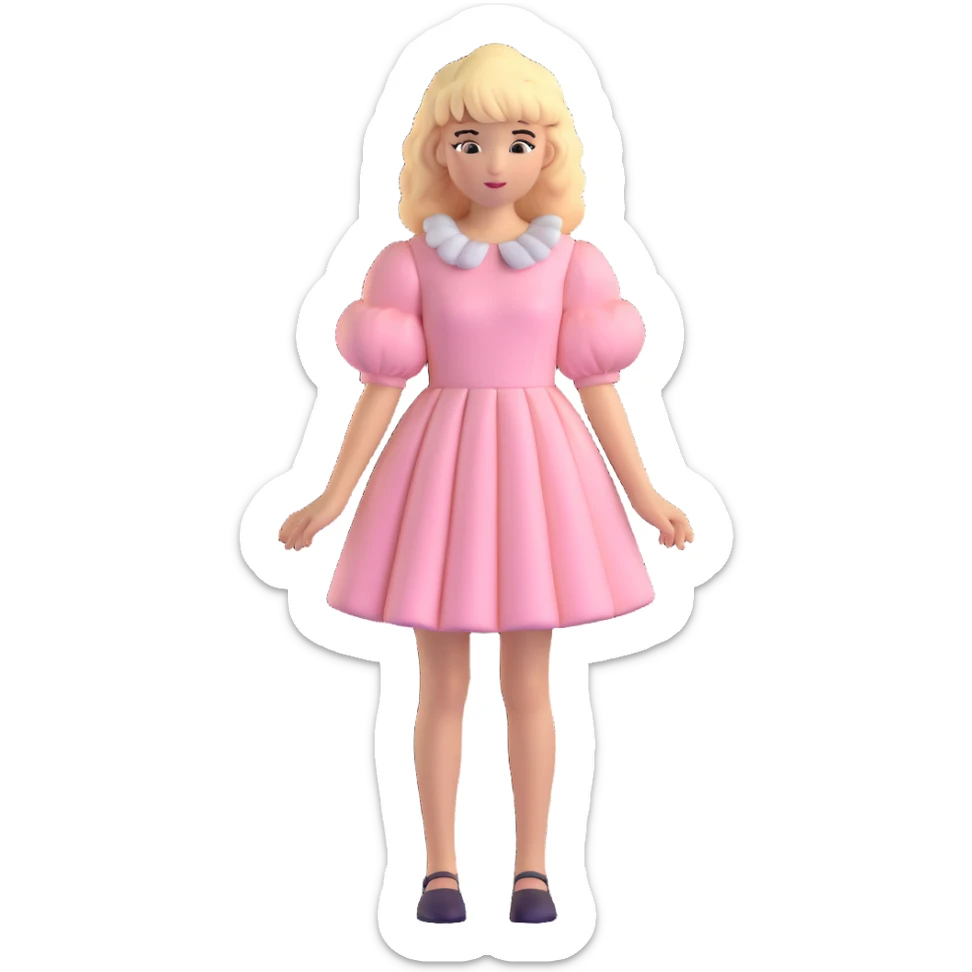 Blonde, pale girl with bangs and curly hair and a pastel pink puff sleeve dress sticker