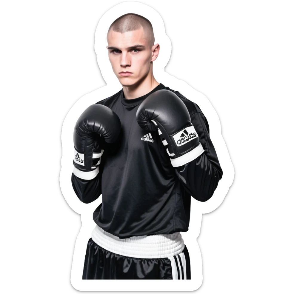 white man with dark hair, dark eyes, buzzcut faded haircut, 100kg boxer, wearing full black clothes, black adidas boxing gloves sticker