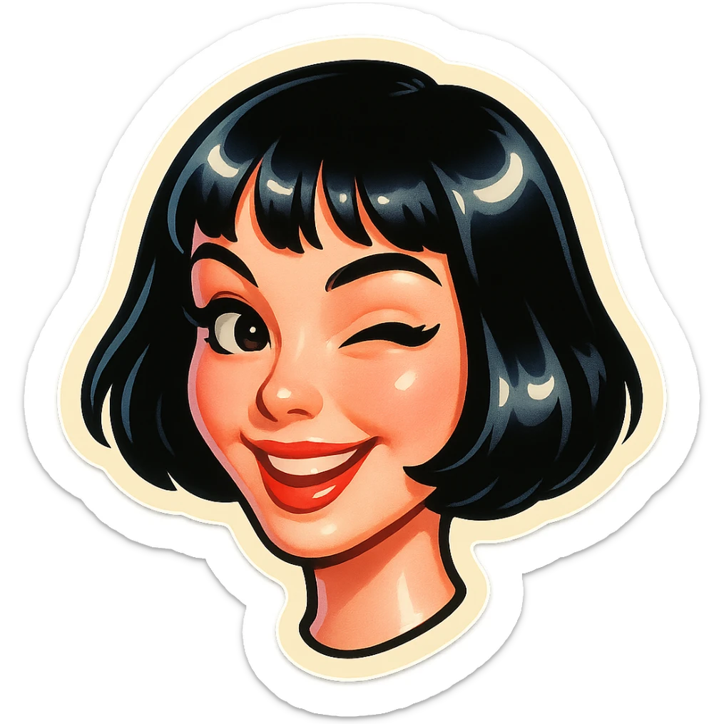 attractive girl with pale skin, black bob haircut, neat facial features, light makeup, playful look, Telegram sticker style, head only without neck, white background sticker