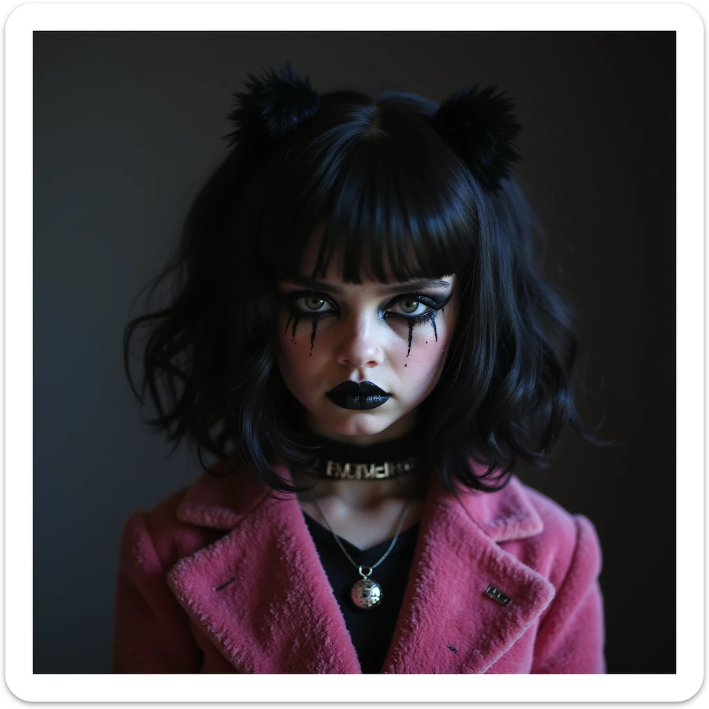BLACKPINK inspired goth emoji, photorealistic style, black velvet, heavy black makeup, shadowy lighting, intense expression, pink gothic clothes sticker