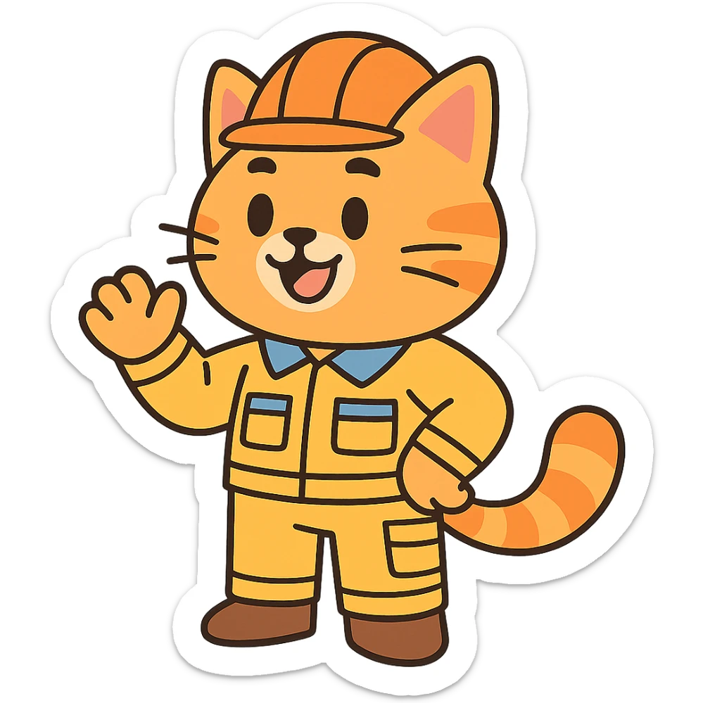 cat character with orange hard hat and work uniform, anime inspired sticker