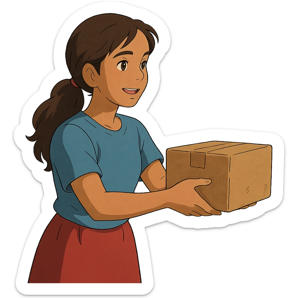 ghibli style mujer de piel morena entregando un paquete sticker