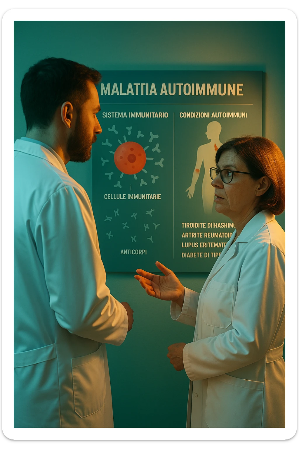 Realistic, detailed photo taken from behind of two doctors—a bearded man and a middle-aged woman—standing and facing each other as they discuss an autoimmune disease diagnosis in front of a medical chart that displays information about the immune system and autoimmune conditions. The scene is illuminated by a yellowish, orange, warm light that softly envelops the doctors. The entire room is bathed in a single green-blue color, creating a cohesive and modern atmosphere. Both doctors wear white coats, and their body language suggests a serious, professional conversation about the complexities of autoimmune diseases. Shot with a Canon EOS R5, with high detail and natural depth of field. in italiano sticker