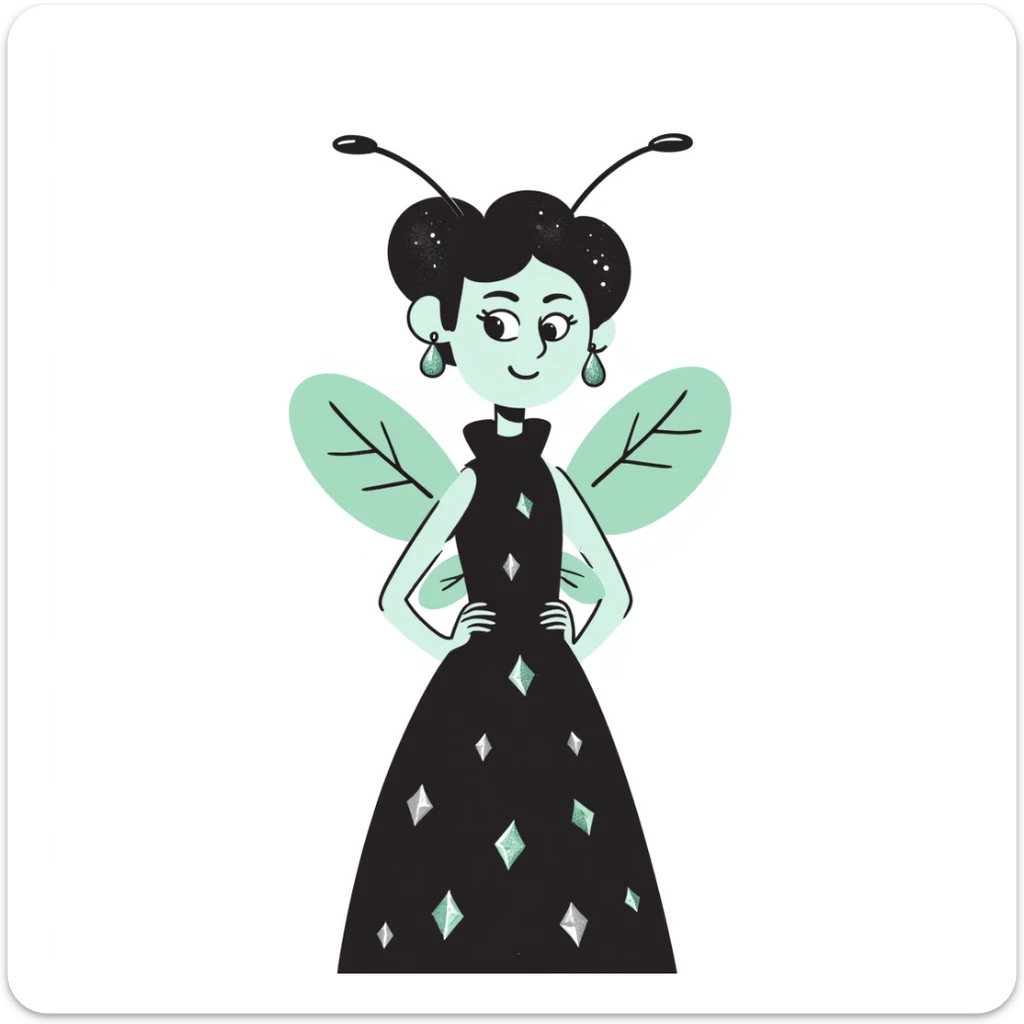 Mint green woman bee character with diamond decorations, rhinestone jewelry, and glittery sparkly details sticker