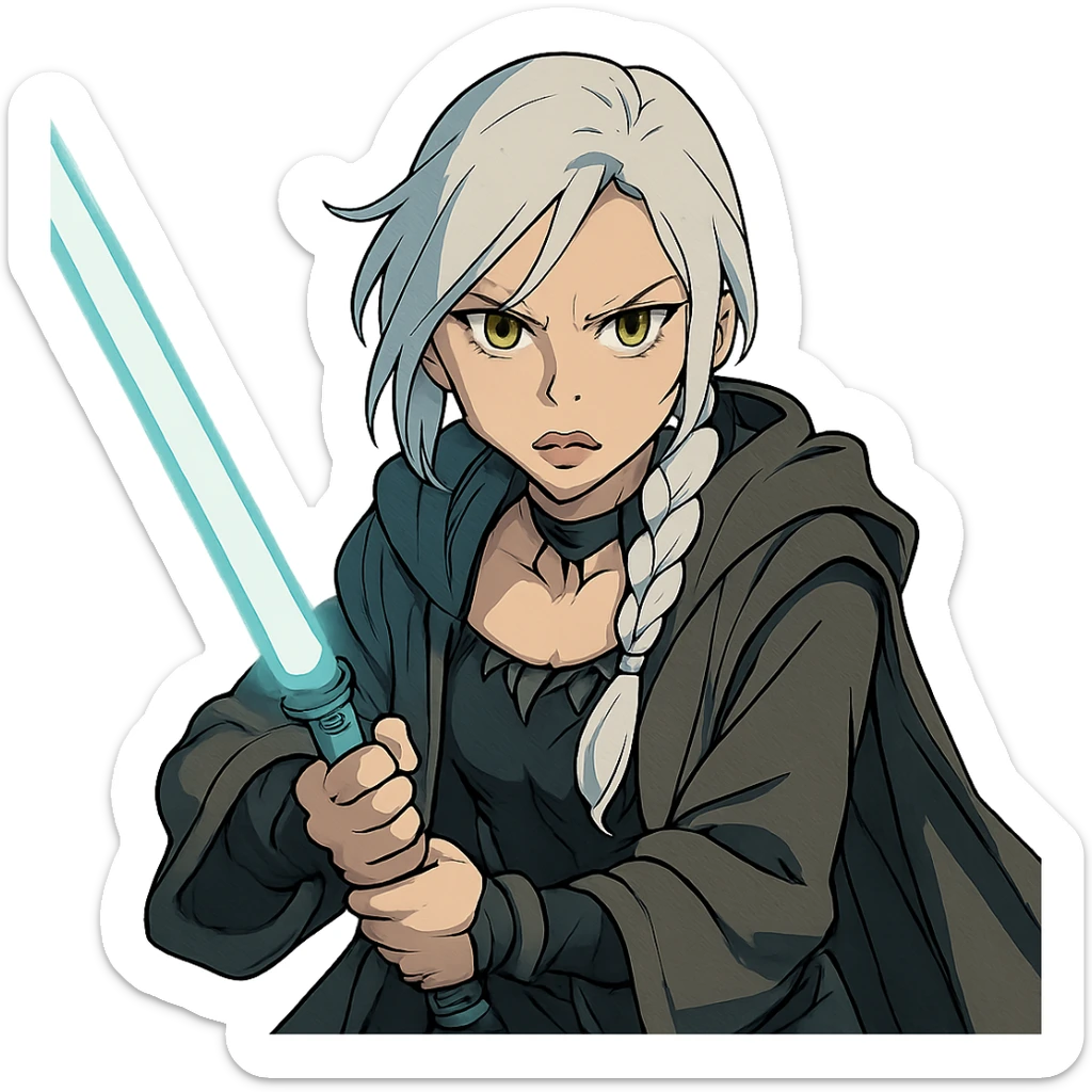  a closeup portrait of young woman with gold yellow eyes, white hair, long braid, black off-shoulder top, punk gothic style, futuristic cyberwave cyberpunk,  jedi attire and posture robes of a padawan, foreweilding a bright blue-green lightsaber, angry fierce face expression, power stance, wide angle shot sticker