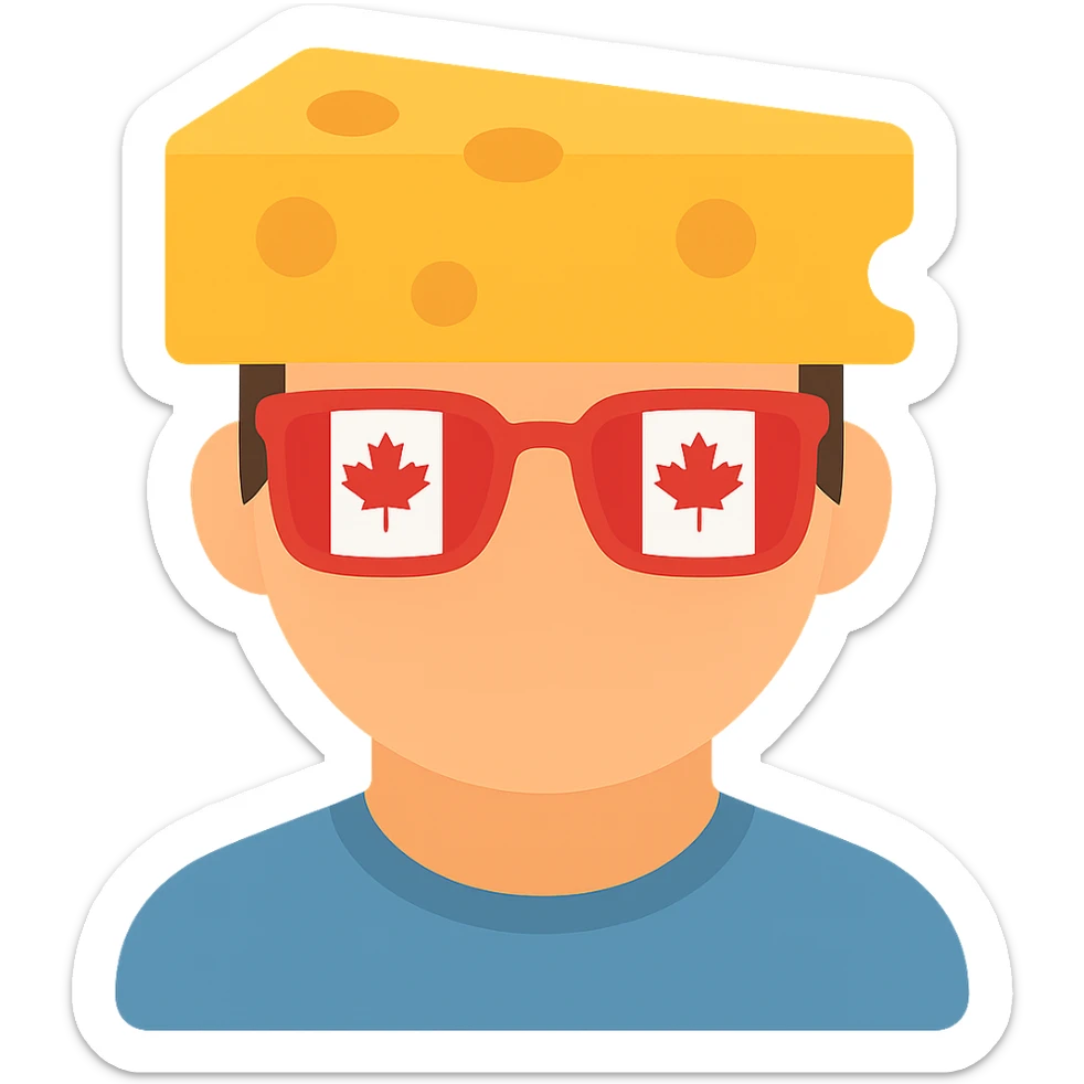 Add color to the icon: yellow cheese block, red and white Canada flag glasses, natural skin tone, simple colored shirt, keep background transparent. sticker