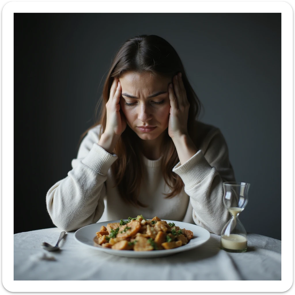 ultra realistic photo of an adult woman sitting at a table with a diet food plate, suffering expression, hands on temples, cold and sad atmosphere, natural light, kitchen background, hourglass symbol next to the plate, concept of diet as punishment sticker
