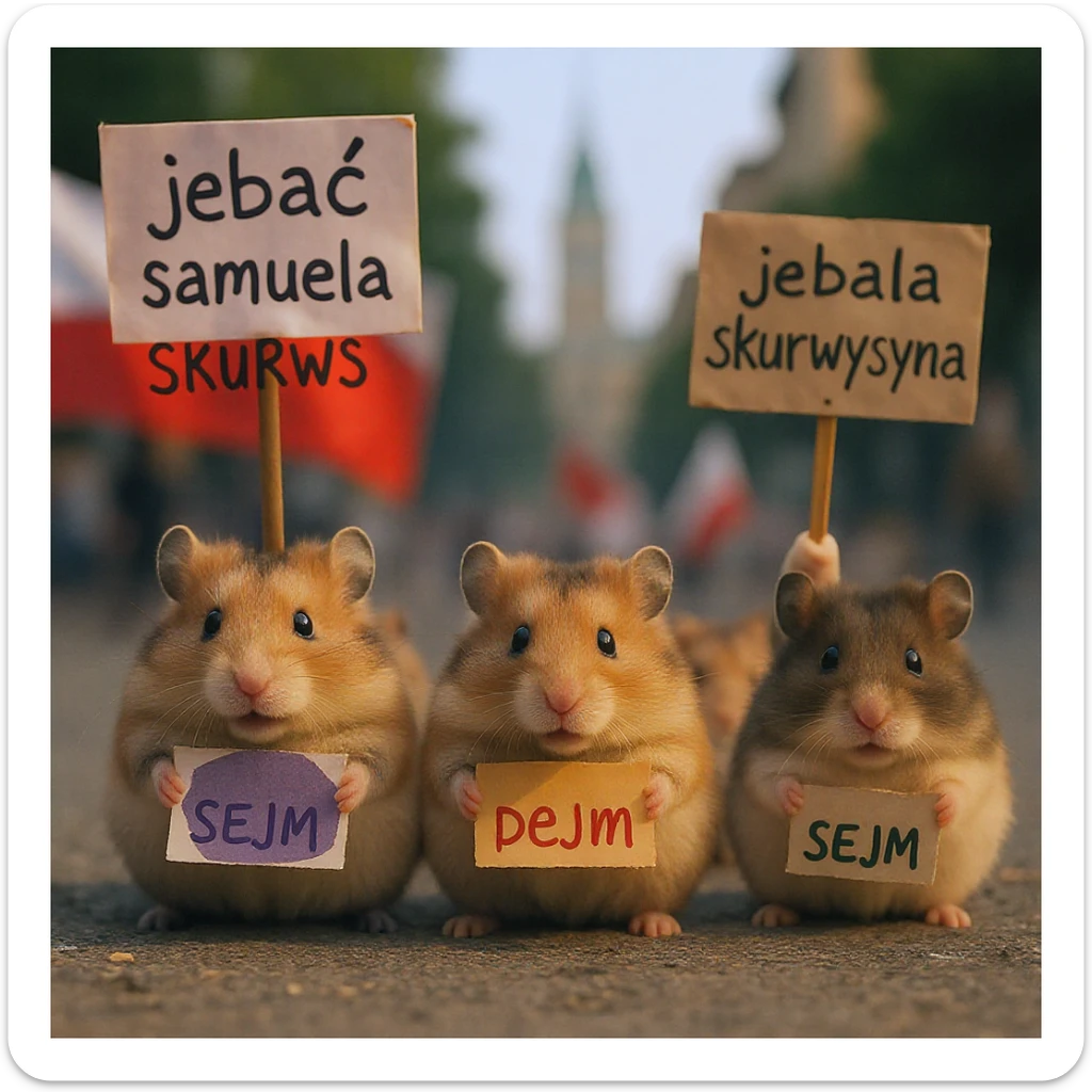 Cinematic shot of a group of hamsters takes over polish sejm. some of them has signs with "jebać samuela skurwysyna". sticker