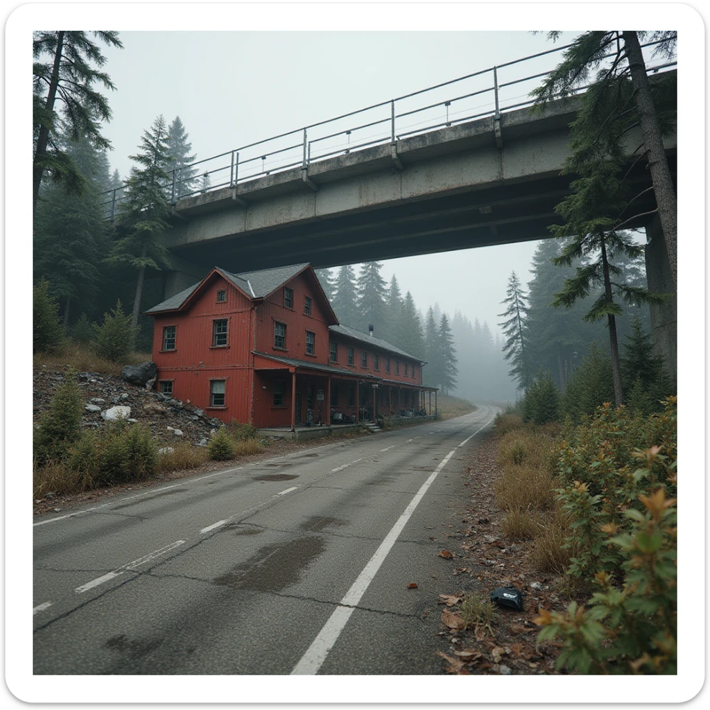  a screenshot of a location in a videogame  the image of the scene consists of:  [above-ground vacant train freeway partially collapsed], a red 1980's construction mansionesque wooden motel painted red, surrounded by war-torn pollution wreckage, wooded area sticker