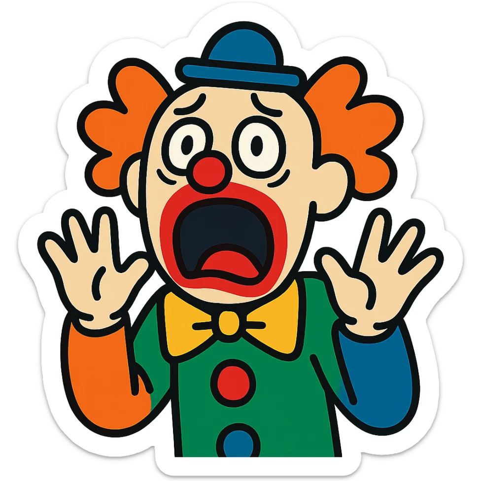 cartoonish figure with clown face, wide open mouth, eyes full of terror, screaming sticker