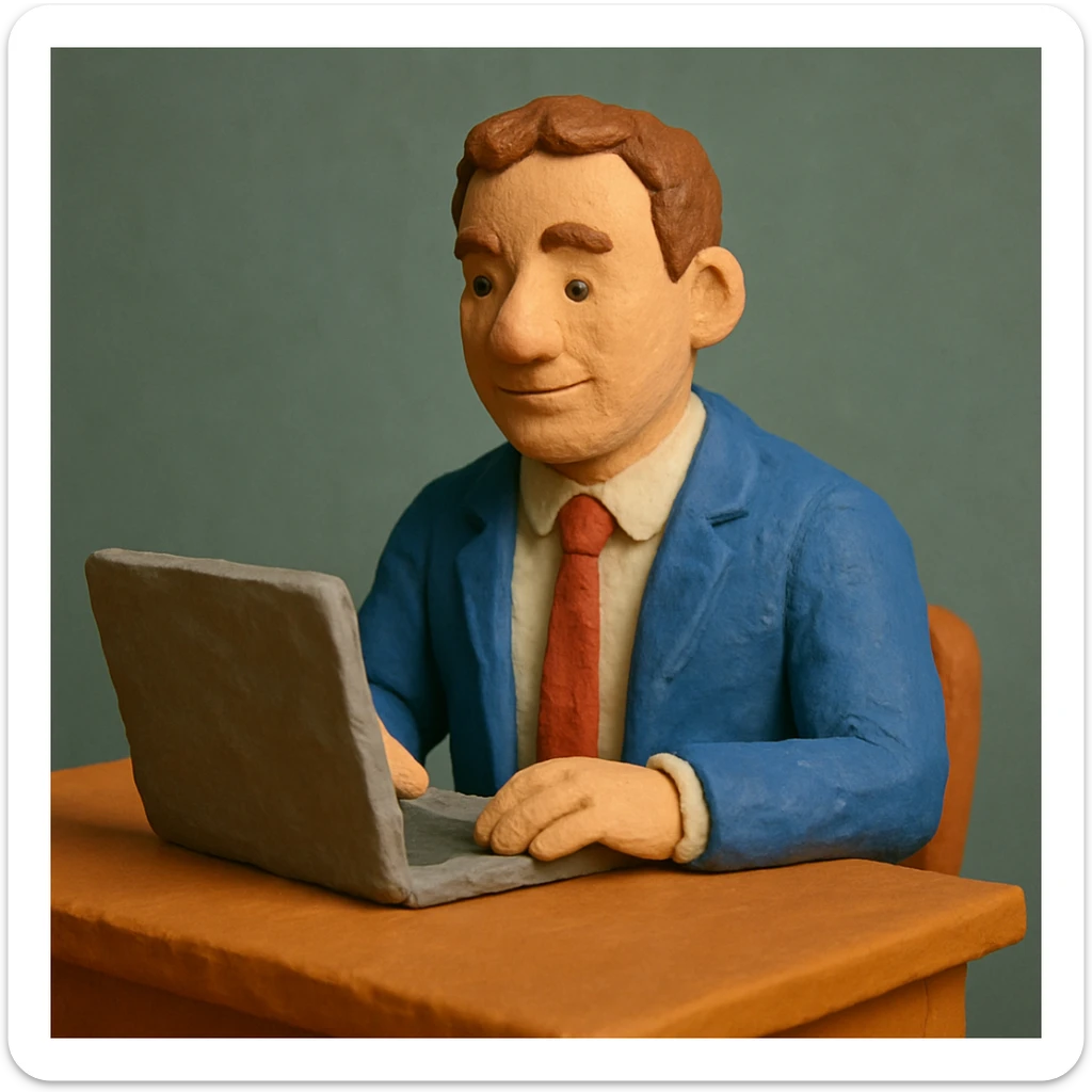 A 35-year-old male business coach sitting at a table with a laptop sticker