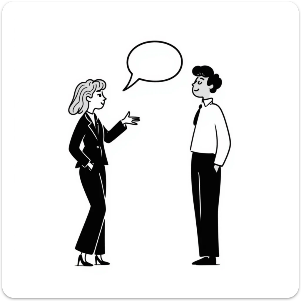 A blonde woman in a black suit talking to a brown-haired man in a white t-shirt. The woman has a speech bubble above her head. The woman is talking and the man is smiling. sticker