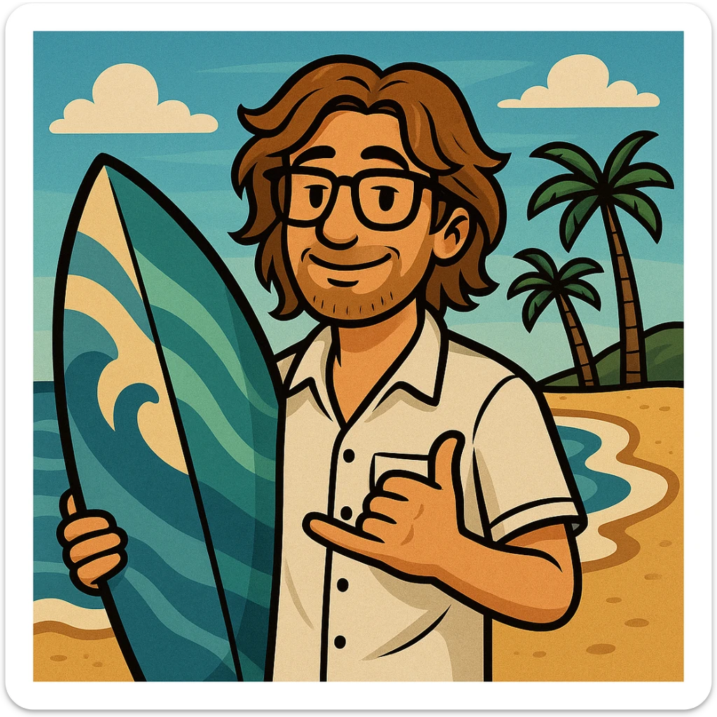 Transform the gangster alligator cartoon into a surfer beach bum with brown hair like a guy, wearing a white button-up shirt and glasses. Keep the cartoon style, add a relaxed beach vibe, and include beach elements like a surfboard or waves. Maintain the cartoon style but with a laid-back beach atmosphere. sticker