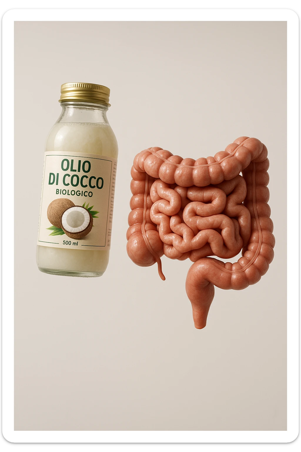 BOCCETTA DI OLIO DI COCCO BIOLOGICO (FAI UN ETICHETTA SUL PRODOTTO IN ITALIANO) CHE FLUTTUA IN ARIA INSIEME A UN INTESTINO UMANO ANATOMICO IN PERFETTA SALUTE, SFONDO CHIARO, iperrealistico 4k sticker