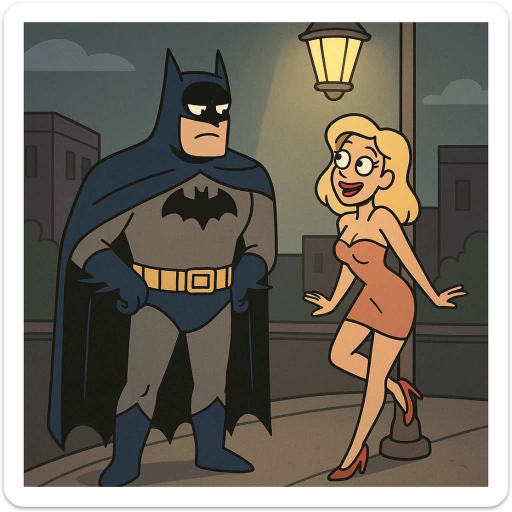 Batman and a woman in a short dress and high heels, cartoon style, under a streetlight, playful and non-explicit sticker