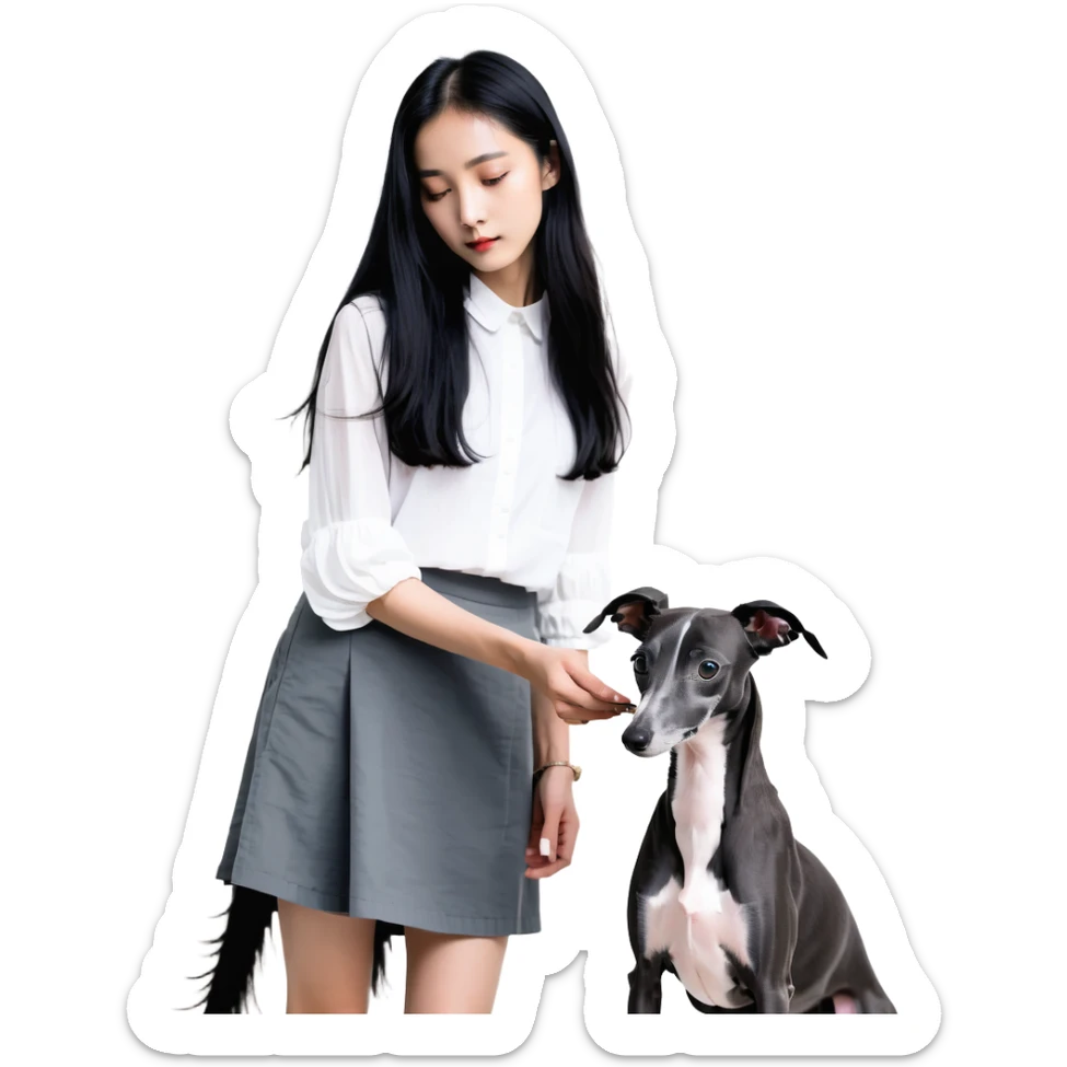 Slim Chinese girl with long black hair petting completely dark grey Italian greyhound with absolutely no white markings anywhere sticker