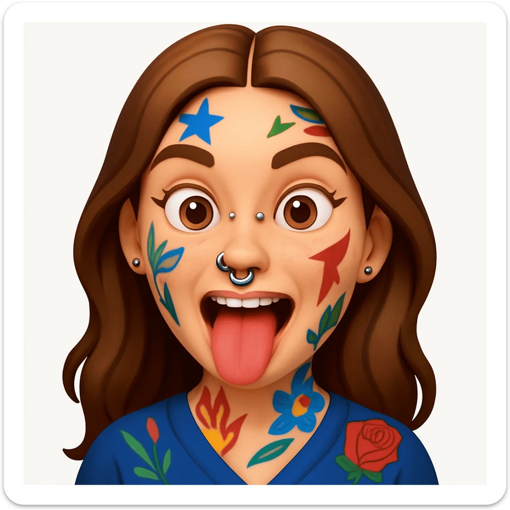 A 3D emoji in iOS emoji aesthetic style of a wild expressive person with colorful tattoos, multiple facial piercings, sticking out their tongue and making a funny face, glossy Apple-style design, clean white background, vibrant and bold look. sticker