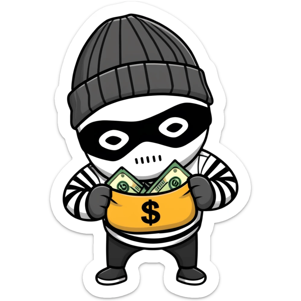 burglar wearing black and white striped shirt, black beanie, black mask over eyes, holding a moneybag sticker