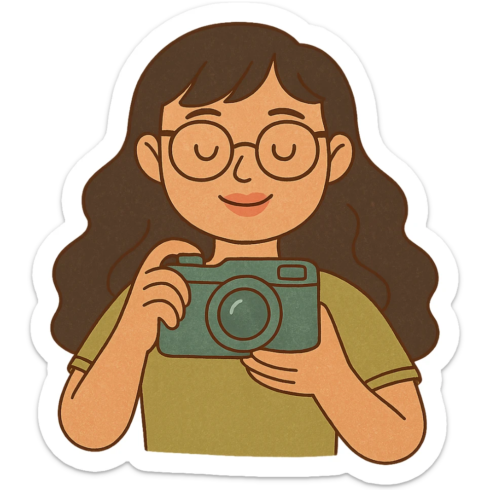 young woman with long wavy black hair, bangs, black glasses, pink lip gloss, holding a teal camera, toothless smile, light moss green shirt, flat colorful style sticker