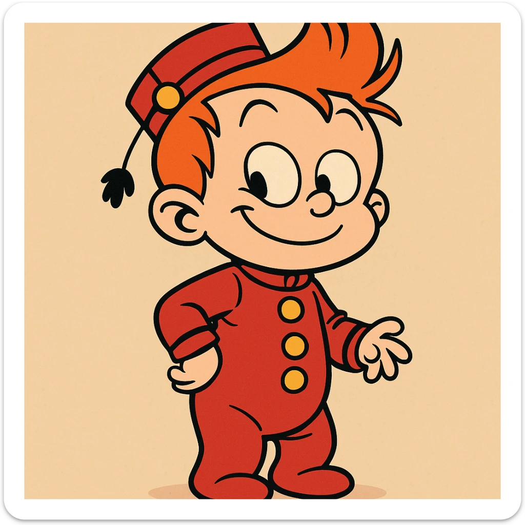 bébé Spirou, cartoon style, proportions enfantines, costume rouge, sourire espiègle sticker