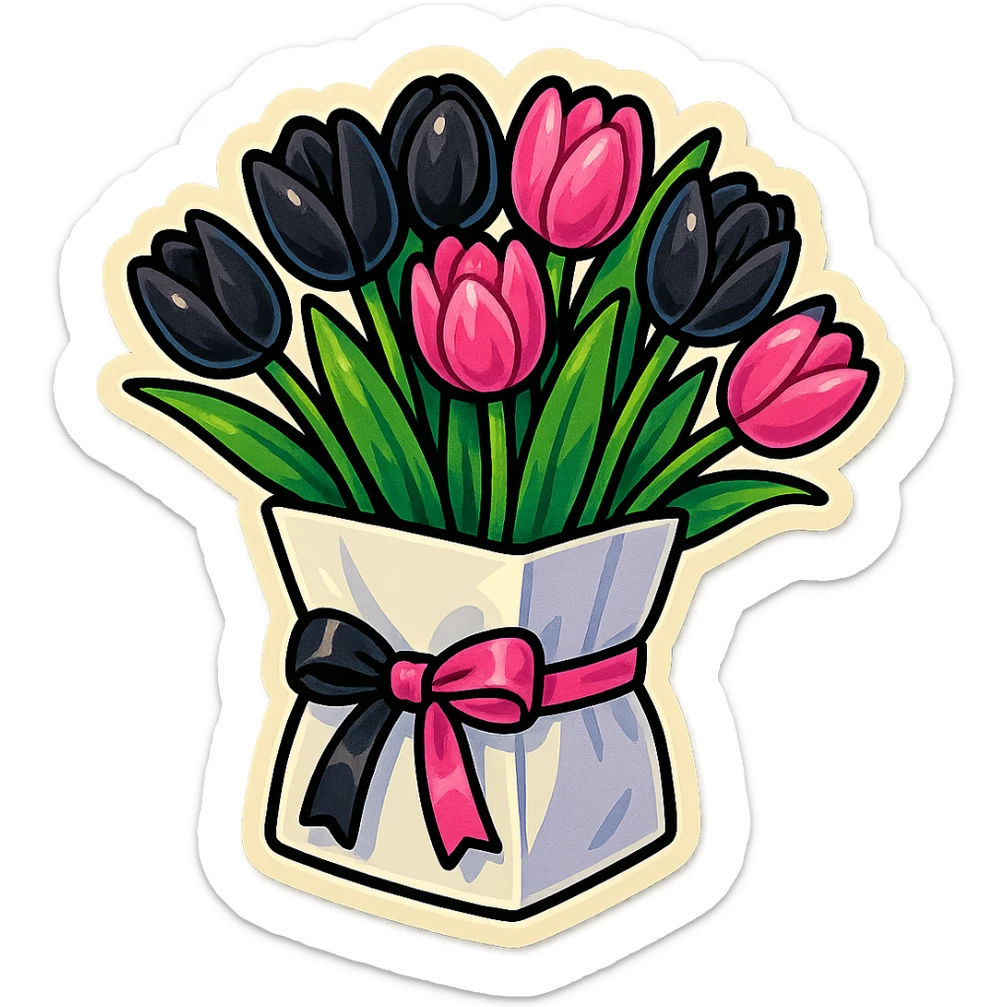 a bouquet of black and pink tulips in a white paper bag tied with a black and pink ribbon, retro stickers style, bold outlines, vibrant colors, playful and eye-catching sticker