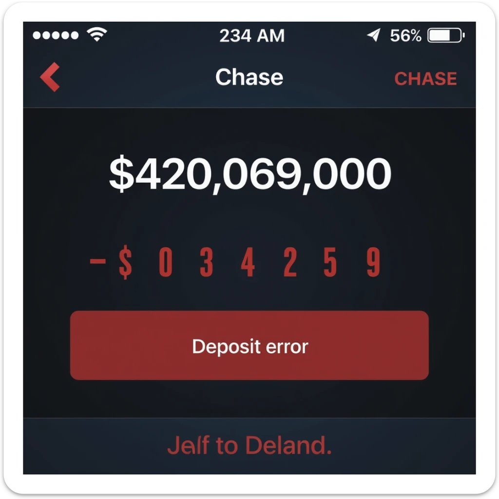 a iphone screenshot showing a chase bank balance of -$420,069,000, "deposit error" the numbers are shown in red, indicating a negative balance sticker