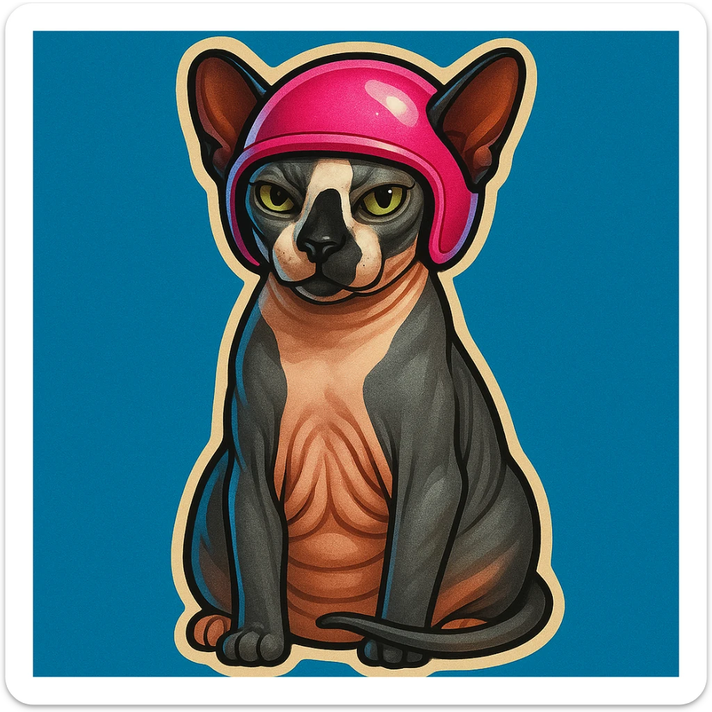 Canadian Sphynx cat with coloring as in the photo, sticker style, with a blue background, with a pink helmet sticker