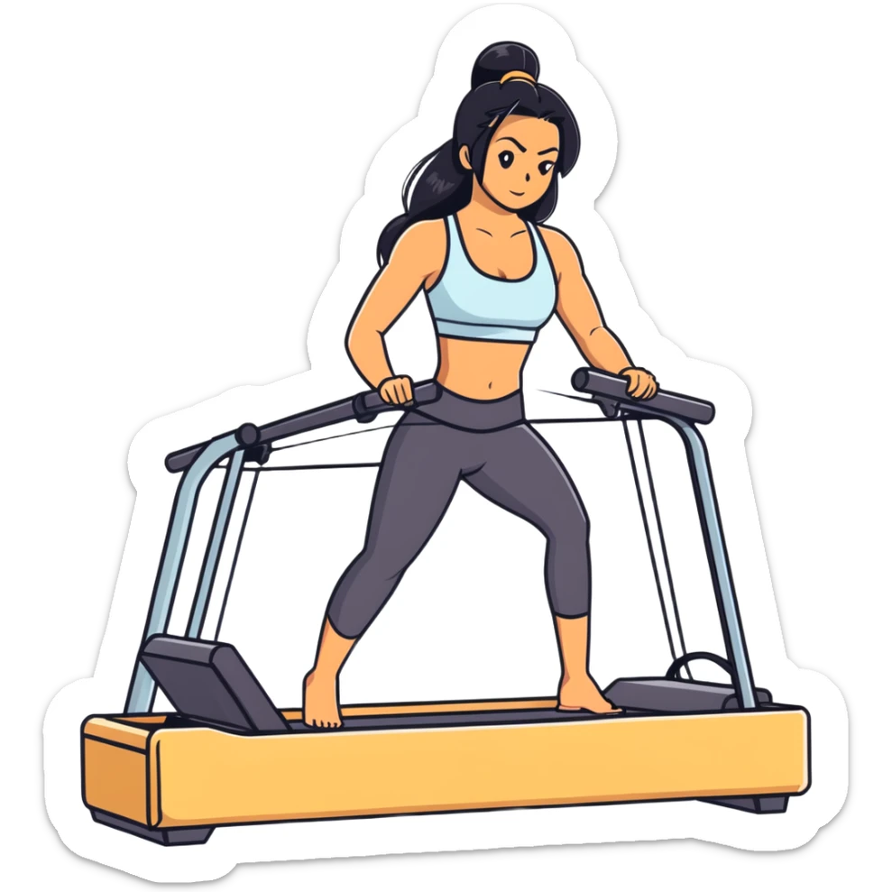 woman with tanned skin, long black hair, wearing a sports bra, doing exercise on a Pilates reformer machine sticker