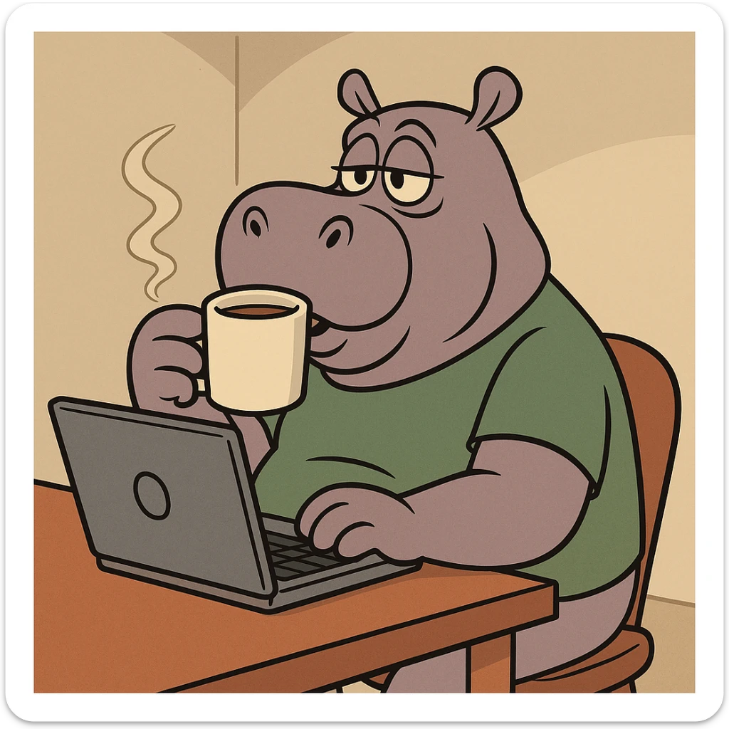 A cartoon hippo sitting at a laptop, drinking coffee, in the style of Looney Tunes. sticker